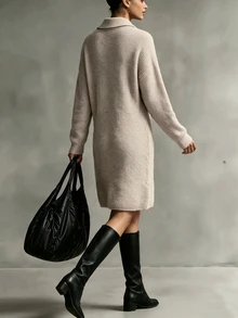 Wandoria Women's Solid Color Drop Shoulder Long Sleeve Button Half-Placket Casual Knit Dress - Khaki - View 5