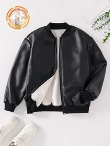 SHEIN Jaket Balap PU Hitam Musim Gugur/Dingin untuk Anak Laki-laki, Jaket Berlapisan Termal - MultiWarna - View 3