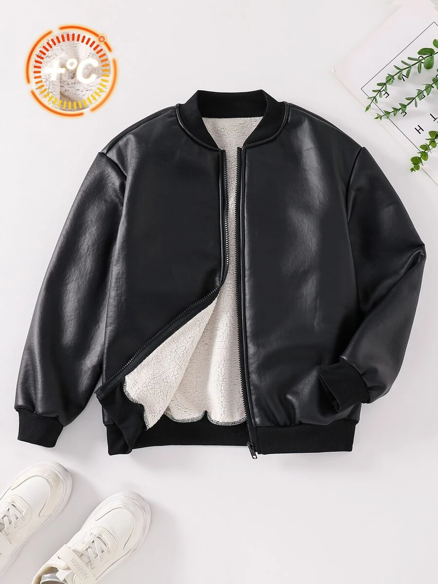SHEIN 兒童青少年男孩秋冬黑色PU賽車夾克，保暖內裡夾克 - 彩色 - 查看 1