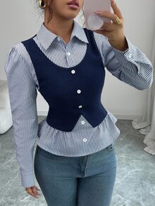 Elenzga 女款藍白條紋領口V領收腰優雅拼接羅紋上衣，洗練校園開學教師風，秋季 - 藏蓝色 - 查看 4