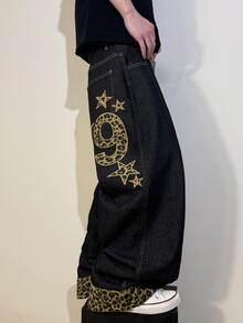 STEELVANCE Streetwear Retro Fashion Versatile Distressed Washed Embroidered Patchwork Design Loose Straight Wide Leg Casual Denim Jeans (Belt And Accessories Not Included) - Black - View 4