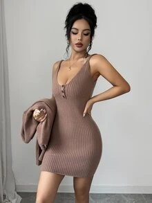 Elenzga Women's Autumn/Winter Mocha Brown Knit Set, Ribbed Texture, Cardigan And Cami Mini Skirt 2 Pieces Outfit, Elegant And Relaxed European Style, Suitable For Holiday, Date, Daily Commute, Party And Autumn Outings - Brown - View 6