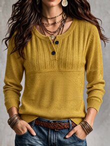 SHEIN 優雅米色羅紋針織長袖上衣，復古半鈕扣亨利領，通勤外套內搭毛衣 - 芥末黃 - 查看 1