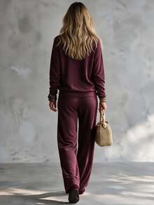 SHEIN Minimalist Commuter Knit Set, Dropped Shoulder Long Sleeve Top & High Waist Straight Wide Leg Pants - Burgundy - View 2