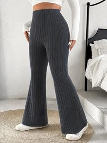 SHEIN EZwear 大尺碼女款素色開衩羅紋喇叭褲 秋季 - 深灰色 - 查看 4
