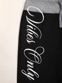 Barn- och tonårstjejens höst/vinter casual vardagsoutfit med stickad jacka med bokstavstryck i enfärgad svart, färgblockerad midja och utsvängda benbyxor, Back to School - Svart - Visa 10