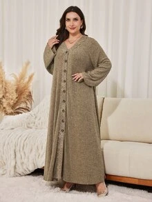Lacomfia Autumn/Winter Khaki Ribbed Knit Fabric Patchwork Velvet Lace Trim Loose Long Commute Minimalist Women Plus Size Dress - Khaki - View 5