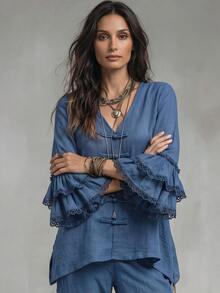 Linhara CURVE Plus Size V-Neck Frog Button Blouse, Long Sleeve Bell Sleeve With Lace Trim, Loose Fit Linen Blend Bohemian Style Women's Top - Blue - View 5