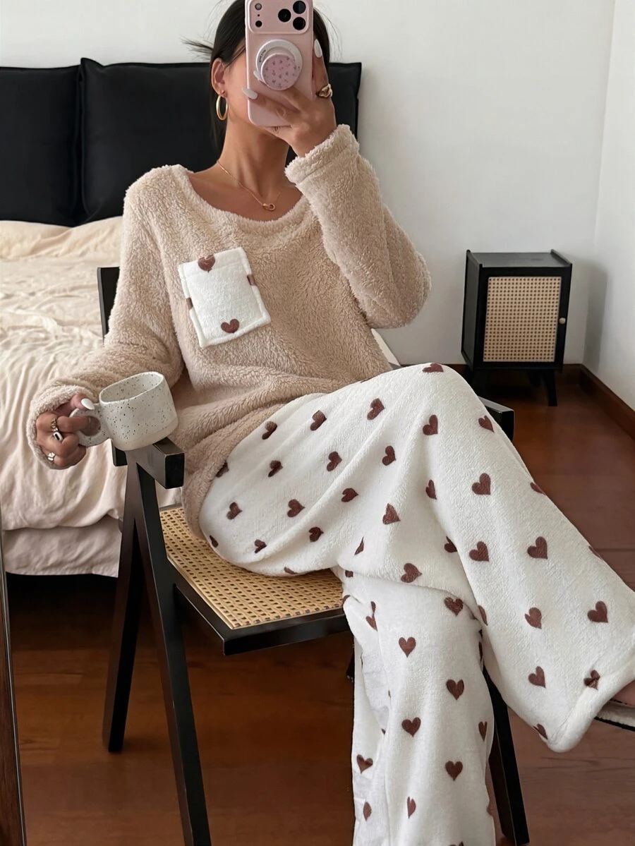 Napfluff Women's Flannel Pocket Decor Fashion Minimalist Heart Print Pajama Set 2-Piece - Multicolor - View 1