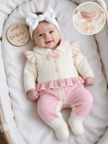 SHEIN Newborn Sweater Romper Pink And Apricot Color Block Gentle Cute Lady Ruffle Edge Handmade Bow Exquisite Stylish Versatile Suitable For Daily Wear Suitable For Outings Suitable For Daycare - Pink - View 1