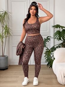 SHEIN EZwear 秋冬鏽棕色豹紋休閒大尺碼女裝套裝 - 鏽棕色 - 查看 6