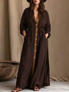 EMERY ROSE Plus Size Women's Collared Long Sleeve Linen Blend Shirt Dress, With Cinched Waist And Side Pockets, Loose Flowy Long Dress, Bohemian Casual Style, Beach Vacation Daily Wear - Coffee Brown - View 1