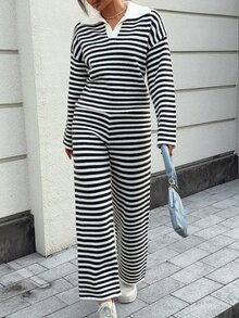 SHEIN 2件組女款針織套裝，法式小眾配色拼接 Polo 領寬鬆慵懶上衣搭配同色寬腿針織長褲，俐落下擺，舒適面料，適合日常休閒、戶外、購物、校園等場合，春秋穿著 - 彩色 - 查看 5