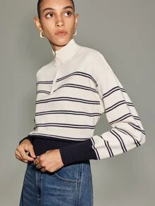 Anewsta Essential Women's New Autumn/Winter Long Sleeve Stand Collar Zipper Contrast Color Striped Knit Sweater - Apricot - View 1