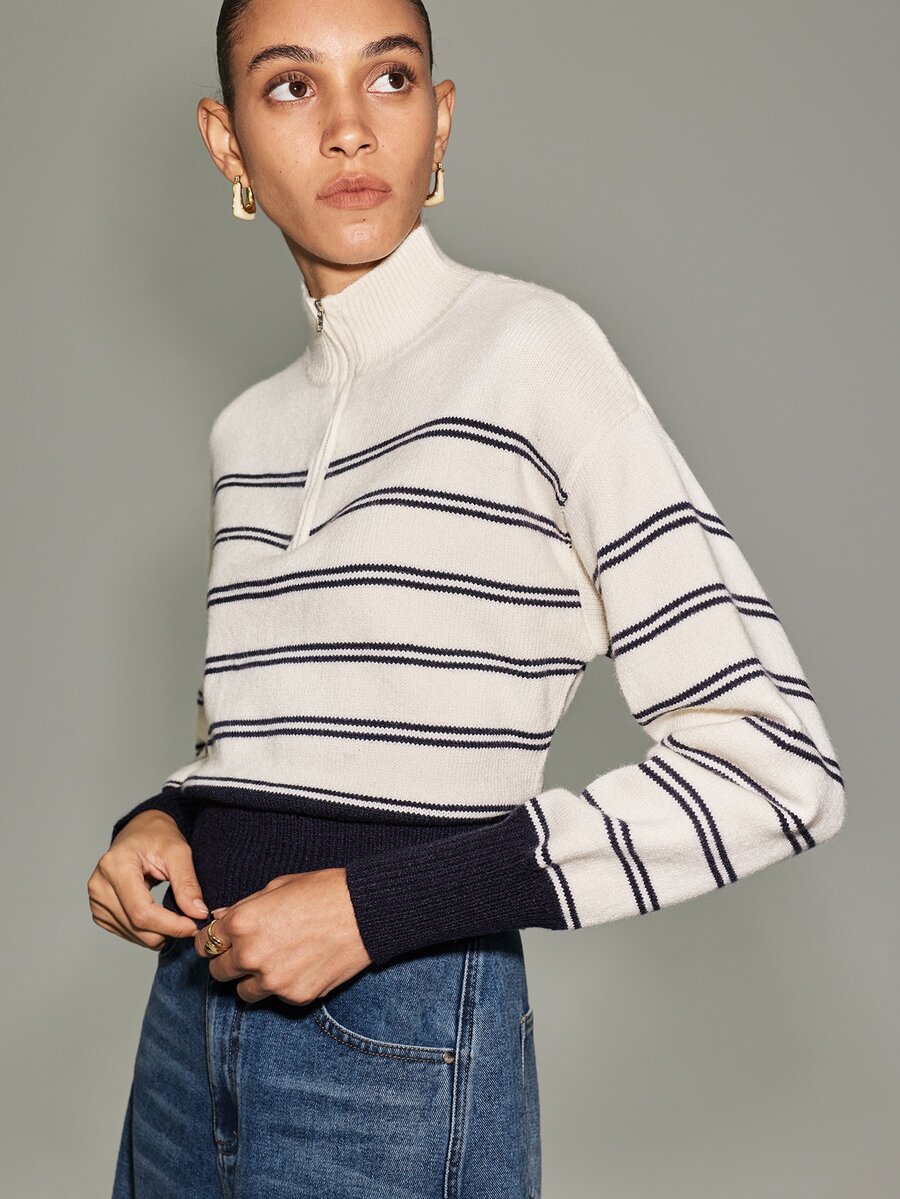 Anewsta Essential Women's New Autumn/Winter Long Sleeve Stand Collar Zipper Contrast Color Striped Knit Sweater - Apricot - View 1
