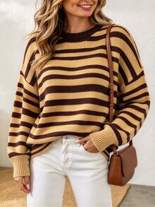 Elenzga Plus Size Women's Striped Crew Neck Drop Shoulder Long Sleeve Casual Pullover Sweater - Yellow - View 4