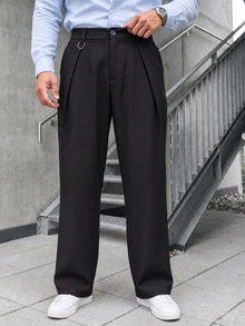 Manfinity CasualCool 男士成熟休閒百褶純色正式風寬鬆黑色長褲，節日禮物完美選擇 - 黑色 - 查看 3