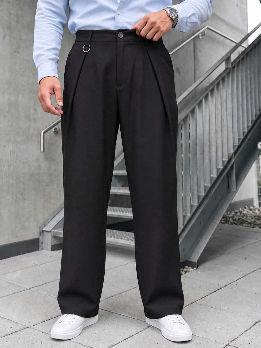 Manfinity CasualCool Quần dài nam màu đen trơn dáng rộng xếp ly phong cách thường ngày lịch sự, lựa chọn hoàn hảo làm quà tặng dịp lễ - màu đen - Xem 1