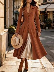 INAWLY Women's Fashionable Personalized Casual Vacation Style Lapel Neck Long Coat - Brown - View 3