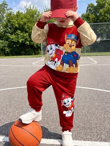 SHEIN | PAW Patrol 男童棕色米色拼接卡通狗字母印花連帽衫套裝 秋季休閒寬鬆長袖羅紋袖口返校穿搭 冬季 - 彩色 - 查看 1