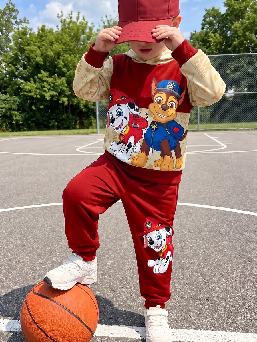 SHEIN | PAW Patrol 男童棕色米色拼接卡通狗字母印花連帽衫套裝 秋季休閒寬鬆長袖羅紋袖口返校穿搭 冬季 - 彩色 - 查看 1