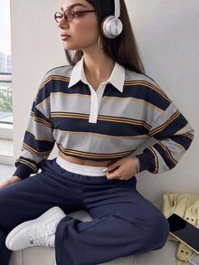 Slayform Women's Striped Drop Shoulder Long Sleeve Polo Collar Casual Sweatshirt - Multicolor - View 3