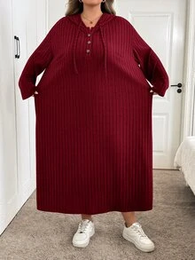 SHEIN CURVE+ 女款大尺碼 22W 連帽長洋裝，秋冬季 - 酒紅色 - 查看 8
