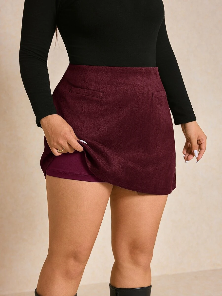 Elaquor Plus Size Solid Color High Waist Skirt, Suitable For Work Brown Fall - Redwood - View 1