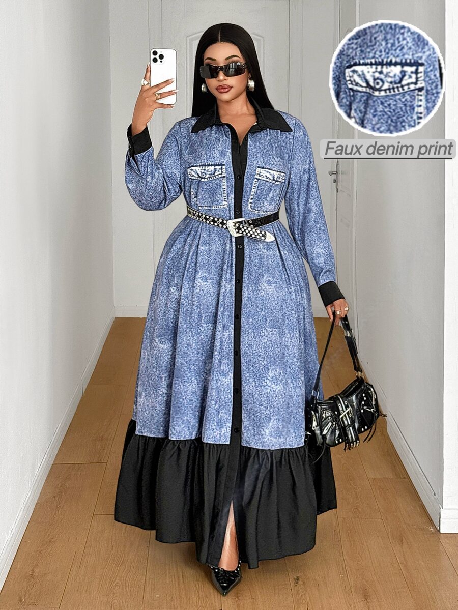 Maweii Plus Size Denim Effect Print Shirt Dress, Collared Button-Down With Faux Pockets, Patchwork Black Ruffle Hem, Loose Fit - Blue - View 1