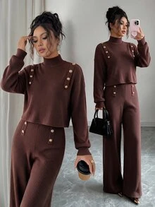 Elenzga Maillard High Neck Ribbed Knit 2 Pieces Set Women Autumn/Winter Metal Button Short Petal Sleeve Top High Waist Wide Leg Pants - Coffee Brown - View 1