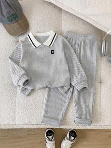 Young Boys 2pcs Ribbed Knit Outfit, Contrast Striped Collar Long Sleeve Top & Elastic Pants, Letter - Green - View 1