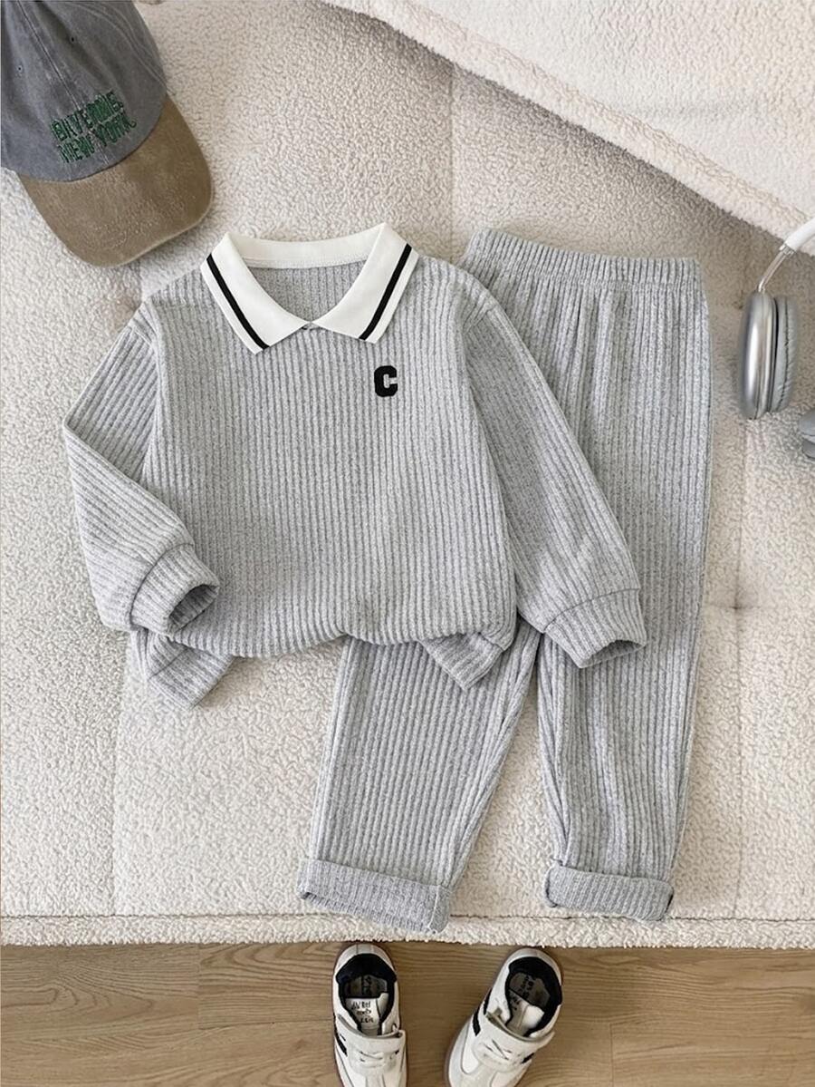 Young Boys 2pcs Ribbed Knit Outfit, Contrast Striped Collar Long Sleeve Top & Elastic Pants, Letter - Green - View 1