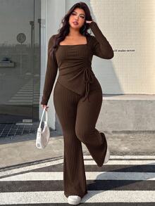 Muchica Plus Size Women Solid Color Square Neck Pleated Long Sleeve Top And Flare Pants Casual Daily 2 Pieces Set Fall - Chocolate Brown - View 6