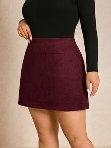 Elaquor Plus Size Solid Color High Waist Skirt, Suitable For Work Brown Fall - Redwood - View 4