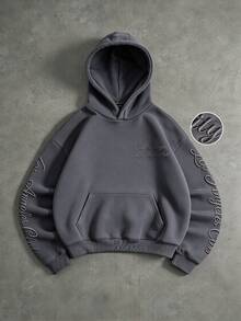 Manfinity Roghcode Men's Letter Embroidered Long Sleeve Casual Hoodie - Grey - View 4