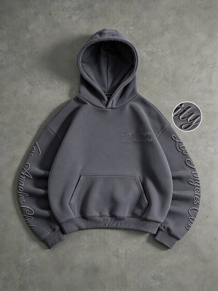 Manfinity Roghcode 男士字母刺繡長袖休閒連帽衫 - 灰色 - 查看 1