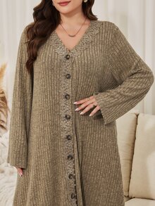 Lacomfia Autumn/Winter Khaki Ribbed Knit Fabric Patchwork Velvet Lace Trim Loose Long Commute Minimalist Women Plus Size Dress - Khaki - View 1