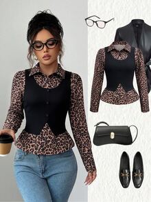 Elenzga Women's Leopard Print Colorblock Casual Daily Wear Top - Multicolor - View 1
