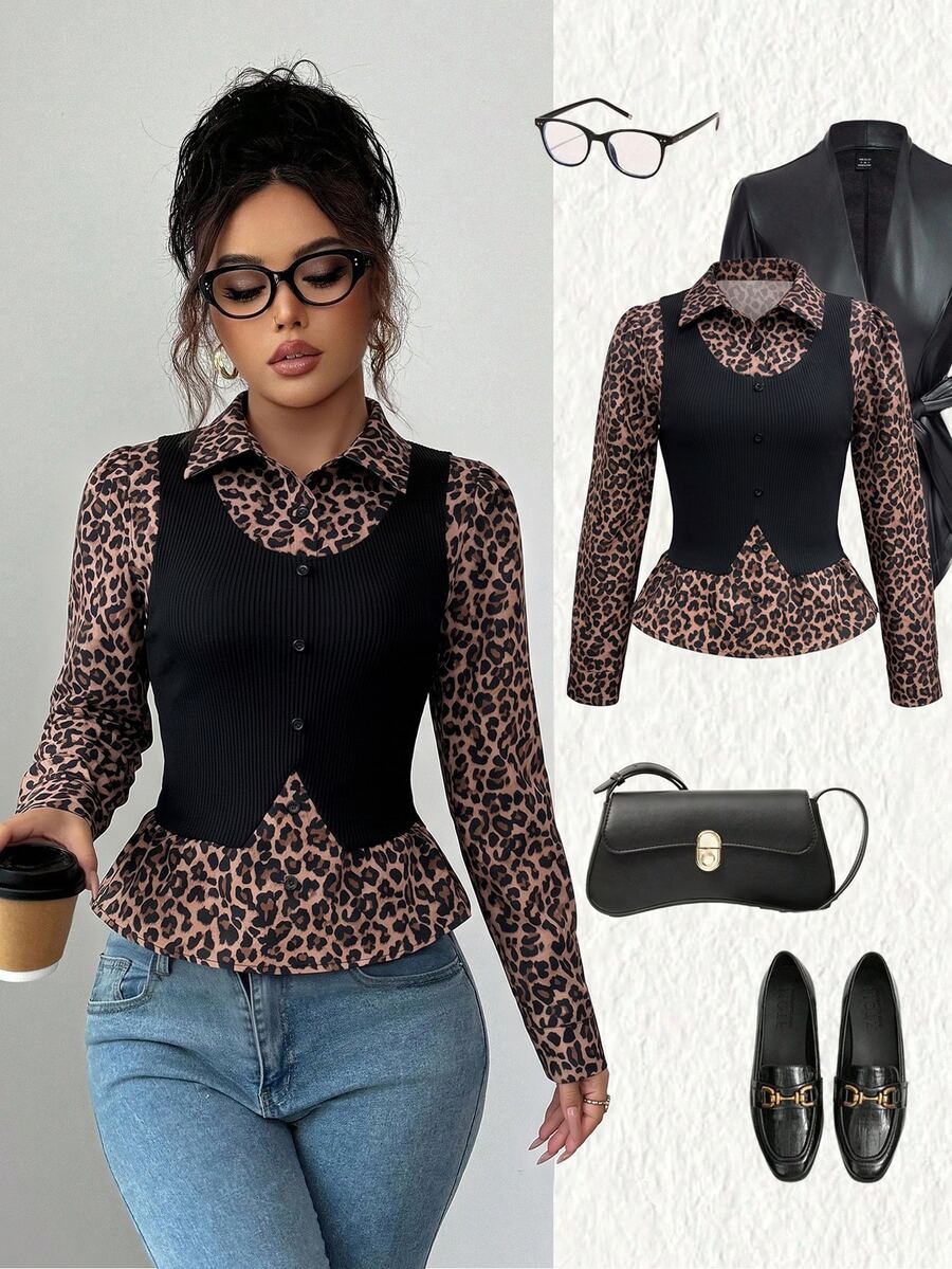 Elenzga Women's Leopard Print Colorblock Casual Daily Wear Top - Multicolor - View 1