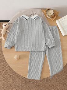 Young Boys 2pcs Ribbed Knit Outfit, Contrast Striped Collar Long Sleeve Top & Elastic Pants, Letter - Green - View 2