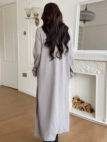 Feyla Elegant Women's Full Length Knit Dress With Button Detail Cowl Neck And Pockets For Autumn Winter - Khaki - View 3