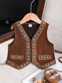 SHEIN Elladie kids 少女復古夾克 Y2K 新款秋季款 校園風 夏日度假 西部牛仔對比裝飾 冬季棕色外套 - 棕色 - 查看 4