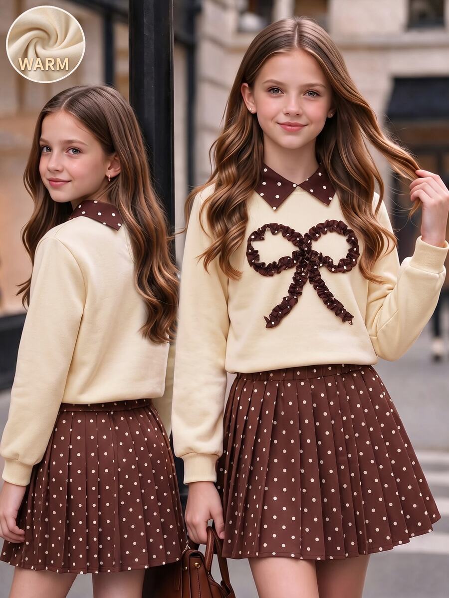 Tween Girls Fall Outfits 2Pcs Set Comfy Soft Long Sleeve Sweatshirt With Digital Print Bow Collar & Matching Pleated Mini Skirt For School Wear - Apricot - View 1