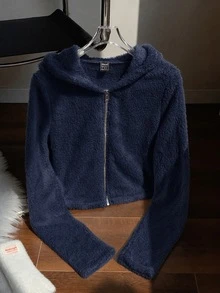 SHEIN EZwear 女款秋冬新款純色長袖短版休閒簡約連帽毛絨外套，居家日常穿著，白色，適合夜晚與假期 - 藏蓝色 - 查看 4