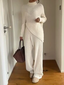 Aloruh Women's Elegant High Neck Asymmetrical Sweater 2 Pieces Set - Apricot - View 3