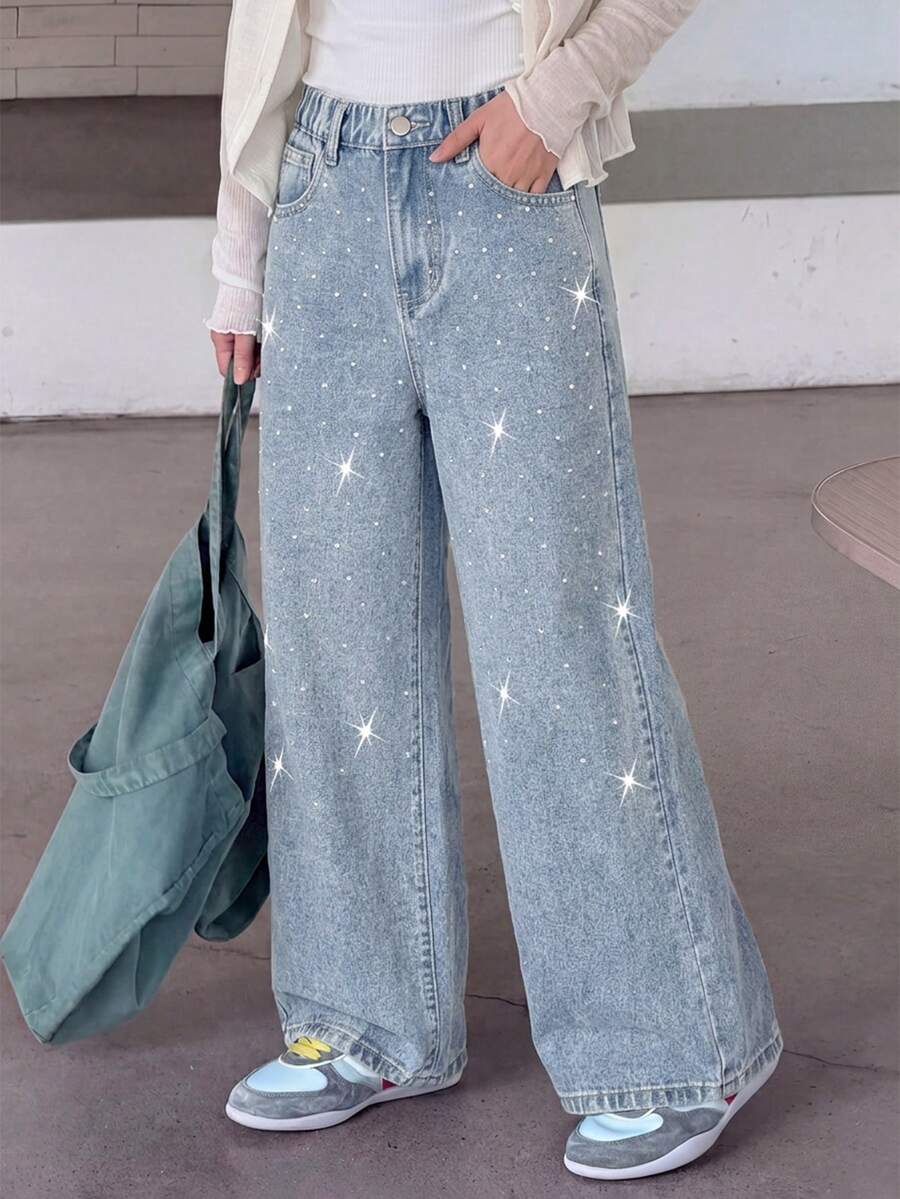 SHEIN Girls' Y2K Style Rhinestone Embellished Jeans, Fashionable Casual Loose Fit Flared Leg Soft Denim Pants Autumn Fall - Light Wash - View 1