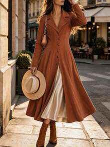 INAWLY Women's Fashionable Personalized Casual Vacation Style Lapel Neck Long Coat - Brown - View 4