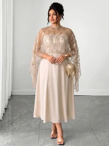 Elenzga Plus Size Women Coffee Brown Autumn/Winter Long Dress, Lace Patchwork Backless A-Line Skirt, Ruffle Hem, Fishbone Pattern Dividing Line, Long Train, Suitable For Party, Halloween, Various Events - Apricot - View 6