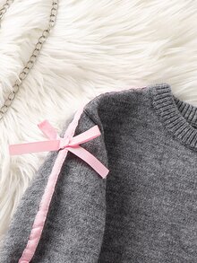 SHEIN Young Girl Solid Color Kids Knit Round Neck Bow Pattern Loose Casual Autumn Top And Fitted Flared Long Pants Sweater Set 2pcs - Grey - View 5