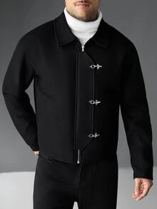 Manfinity Roughcore Men's Long Sleeve Casual Overcoat With Airplane Buckle Placket - Black - View 7